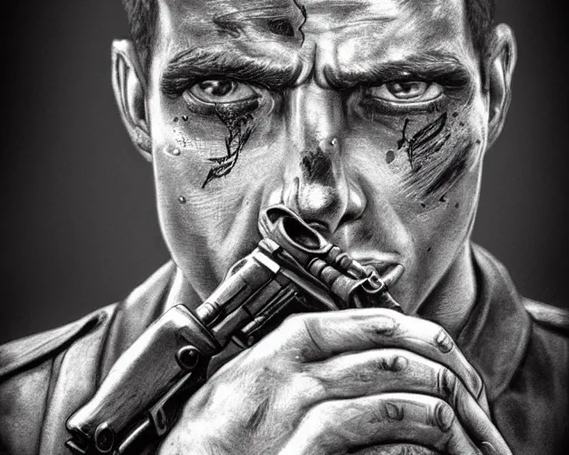 Prompt: A soldier aiming a gun, face in despair, world war 1, close-up, realistic face, beautiful face detail, mature facial features, black and white, amazing digital art, hyper detailed, artstation, in the style of Tony Sart