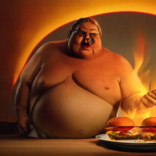 Prompt: fat trailer trash man reaches apotheosis while consuming the sacred hamburger at a mystical BBQ ritual, volumetric lighting, hyperrealistic, top rated fantasy concept art, octane render, 8K HD