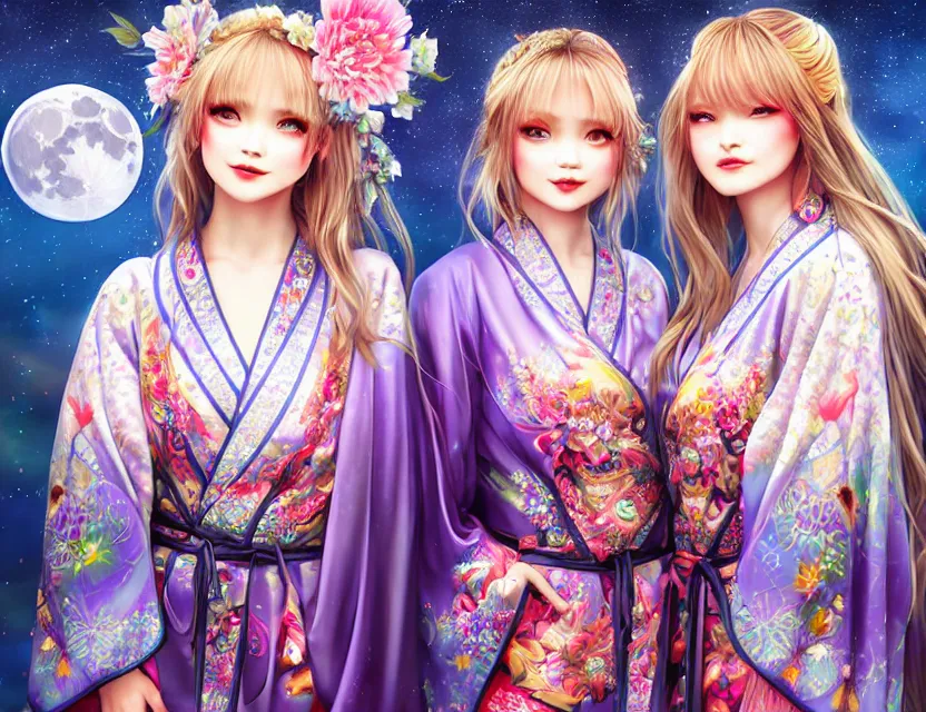 Image similar to two beautiful alluring siberian girls wear fantasy kimono in festival | | sunny night, full moon, dreamlike art, realistic shaded, smile, good looking, hyper details, 4 k realistic, cryengine, realistic shaded lighting poster by artgerm, ross tran, fuji choko, 8 k resolution, trending on artstation, luxury