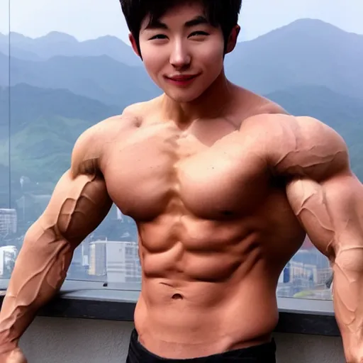 Prompt: a 2 5 year old korean bodybuilder