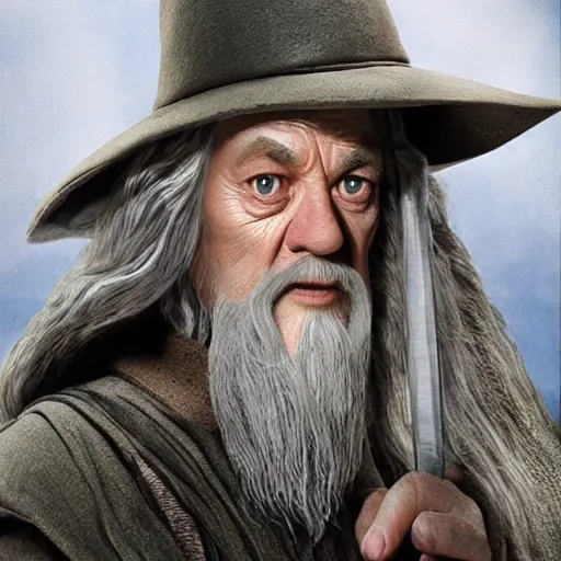 Prompt: Hyper realistic image of Gandalf in the shire as played by a sming Mr. Bean