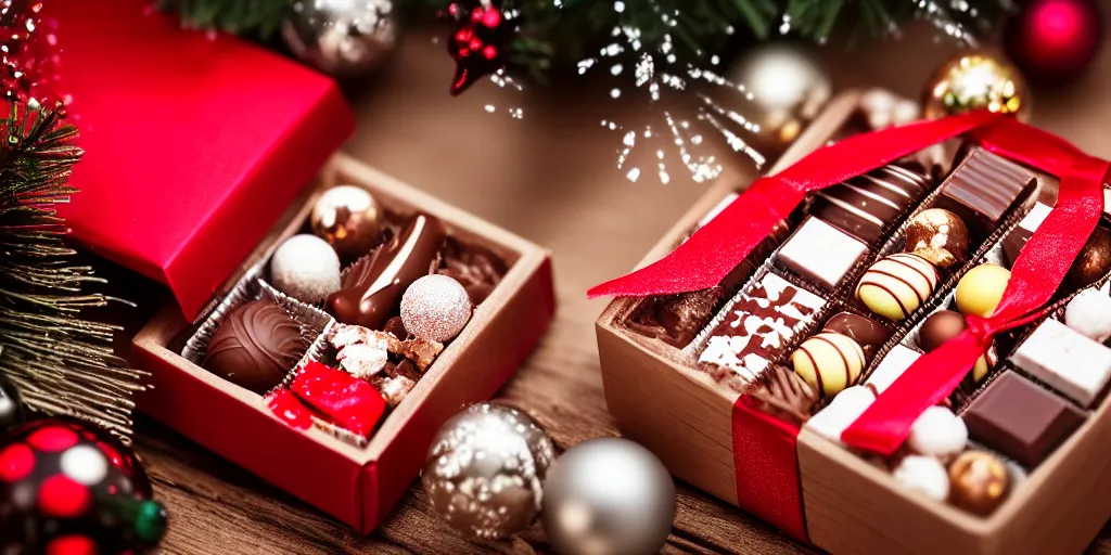 Prompt: 5 5 mm photo, of freshly opened gift box with chocolate on a wooden table in a candy store. dof. bokeh. christmas magical atmosphere. art by greg rutkowski. highly detailed 8 k. intricate. lifelike. soft light. sony a 7 s.