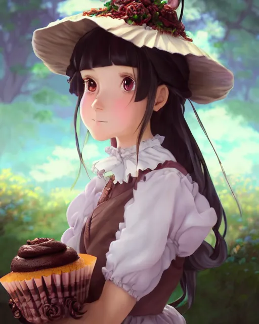 Prompt: a girl as ( fantasy personification of chocolate cupcake ), character design, cute hats, victorian inspired clothing, unreal engine, highly detailed, smooth, digital illustration by artgerm, studio ghibli, sharp focus, artstation. ribbons, fractal swirls. a fantasy bakery background by studio ghibli, makoto shinkai, global illumination, blender, maya 8 k