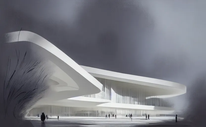 Image similar to painting of a wide angle exterior shot of a white architecture by zaha hadid and peter zumthor, darek zabrocki, greg ruthkowski, cinematic and blue cold atmospheric, archviz, archdaily, deezen, concept art, artstation, trending on artstation