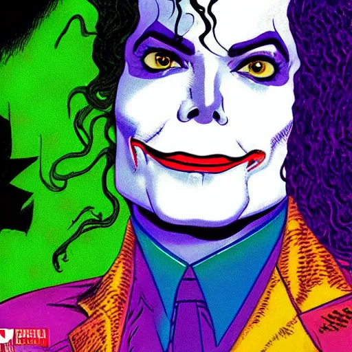 Image similar to dynamic macro head portrait of beautifu michael jackson as the joker in white sequined jacket by john romita sr and cory walker and ryan ottley and jack kirby and barry windsor - smith, comic, illustration, photo real