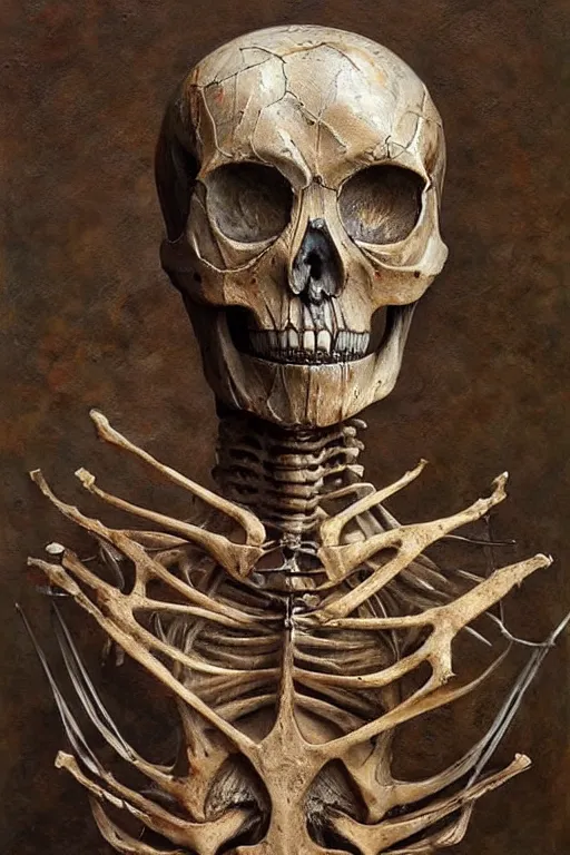 Image similar to realistic detailed statue of an owl skeleton, cracked body full of scars, made by Karol Bak and Bernini. Rich colors. Beksinski and painting. Masterpiece