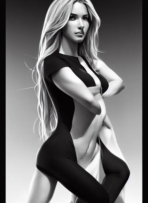 Image similar to full body portrait of a beautiful woman in black and white, photorealistic, hair down to waist, art by diego fazio and diegoKoi and artgerm, concept art, hyper sharp focus, 8k highly detailed