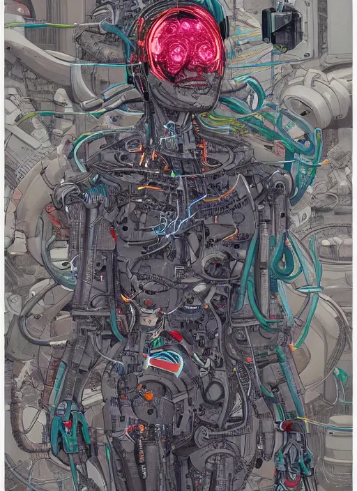 Prompt: extremely detailed cyborg connected to a brain-machine interface by James Jean