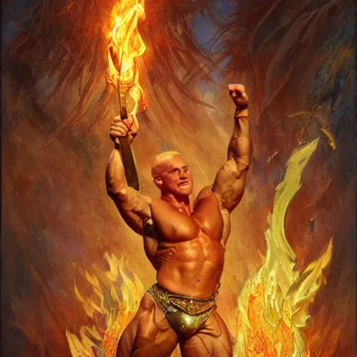 Prompt: stunning male bodybuilder master wizard casting fire spell, highly detailed painting by gaston bussiere, craig mullins, j. c. leyendecker, 8 k