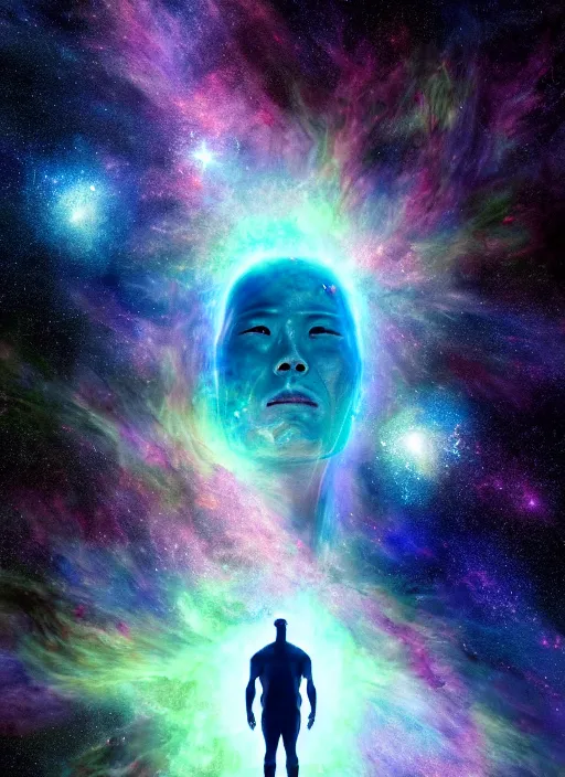 Image similar to nebula consciousness as a giant, stars surround him, interesting angle, sharp focus, 8 k high definition, insanely detailed, intricate, art by kazuya takahashi, fenghua zhong, sangsoo jeong, kevin hou