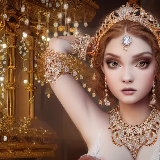 Image similar to portrait of pretty princess with perfect skin, glowing, ornate and intricate diamond jewelry, jaw dropping beauty, ornate and intricate backdrop, white accent lighting, hyper detailed, 4 k octane render