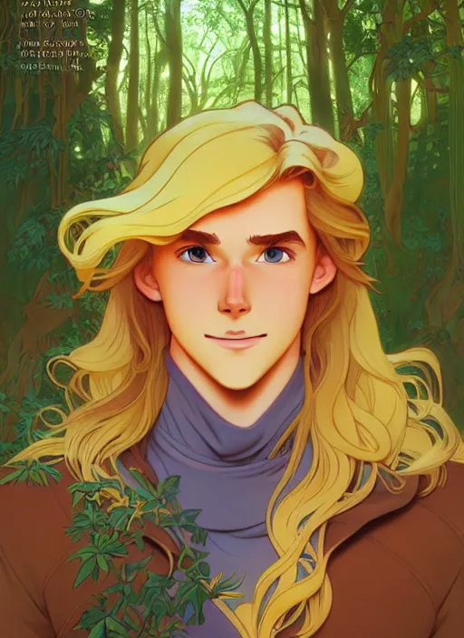 Prompt: book cover design, pretty young man with long golden blond hair in a forest, natural lighting, path traced, highly detailed, high quality, cartoon, digital painting, by don bluth and ross tran and studio ghibli and alphonse mucha