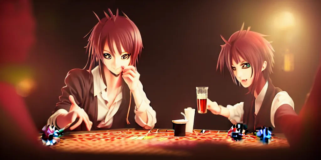 Prompt: anime character playing poker and drinking in a cozy bar 1 2 1 2, volumetric lighting, hyper real, pencil art, moody lighting, cute, comfy