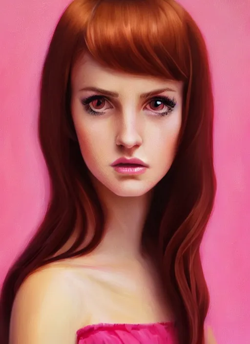 Image similar to full body portrait of teenage cheryl blossom, bangs, green eyes, sultry expression, red hair, sultry smirk, bangs and wavy hair, pink skirt, bangs, intricate, elegant, glowing lights, highly detailed, digital painting, artstation, concept art, smooth, sharp focus, illustration, art by wlop, mars ravelo and greg rutkowski