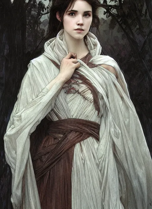 Prompt: a portrait of a 16 year old girl with pale skin and short dark hair wearing a cloak made of strips of grey fabric, By Artgerm and Greg Rutkowski and Alphonse Mucha