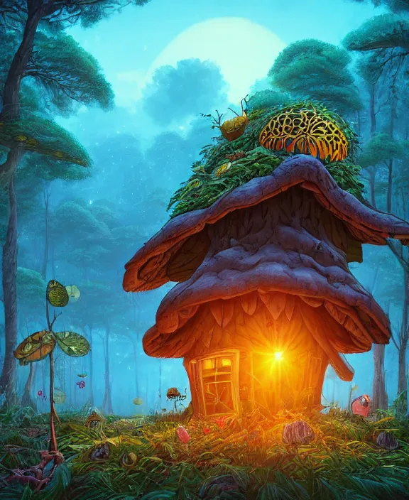Image similar to a whimsical cabin made from beetles, overgrown with huge exotic fungus, deep in the woods, cheerful, sunrise, by dan mumford, yusuke murata, makoto shinkai, ross tran, dreamy, cinematic, unreal engine, cel shaded, featured on artstation, pixiv