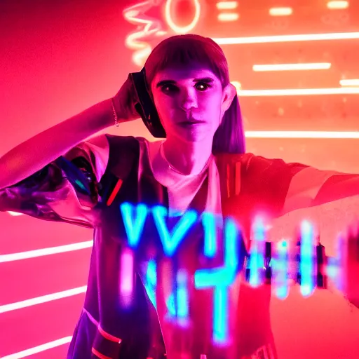 Image similar to grimes on stage djing, volumetric neon lights in the background, gleaming, 3 5 mm photography, portrait!!!!!!, trending on artstation, 4 k, 8 k, zbrush, mannerism