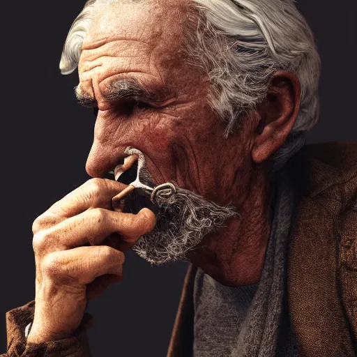 Image similar to portrait of old man smoking pipe, the smoke turns into his gray hair, realistic 4k octane beautifully detailed render, 4k post-processing, highly detailed, intricate complexity, epic composition, magical atmosphere, cinematic lighting, masterpiece, ultra hd