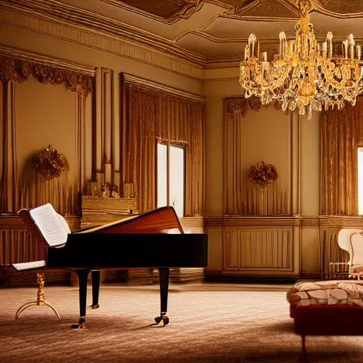 Image similar to interior of a beautiful an mid century british mansion hall, fully furnished, soft lighting, close up of an elegant victorian lady playing a grand piano at the hall. ultra realistic, ultra detailed, cinematic composition and lighting