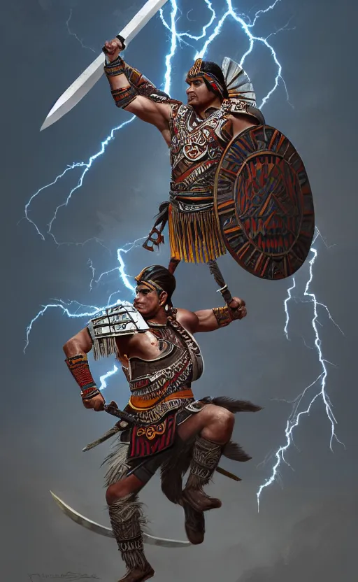 Prompt: fullbody!! aztec warrior with a sword surrounded by lightning, smooth and sharp, trending on artstation, fine details, elegant, dynamic pose, detailed and intricate environment, professional by tatyana kupriyanova and greg rutkowski and raymond swanland