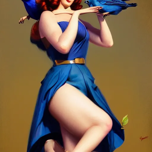 Image similar to hyper realistic painting, tasteful pinup girl holding an indigo bunting, bird, the bird is wearing a bowtie, by greg rutkowski, highly detailed, digital illustration, rossdraws, gil elvgren, enoch bolles, anime, porcelain skin, very coherent