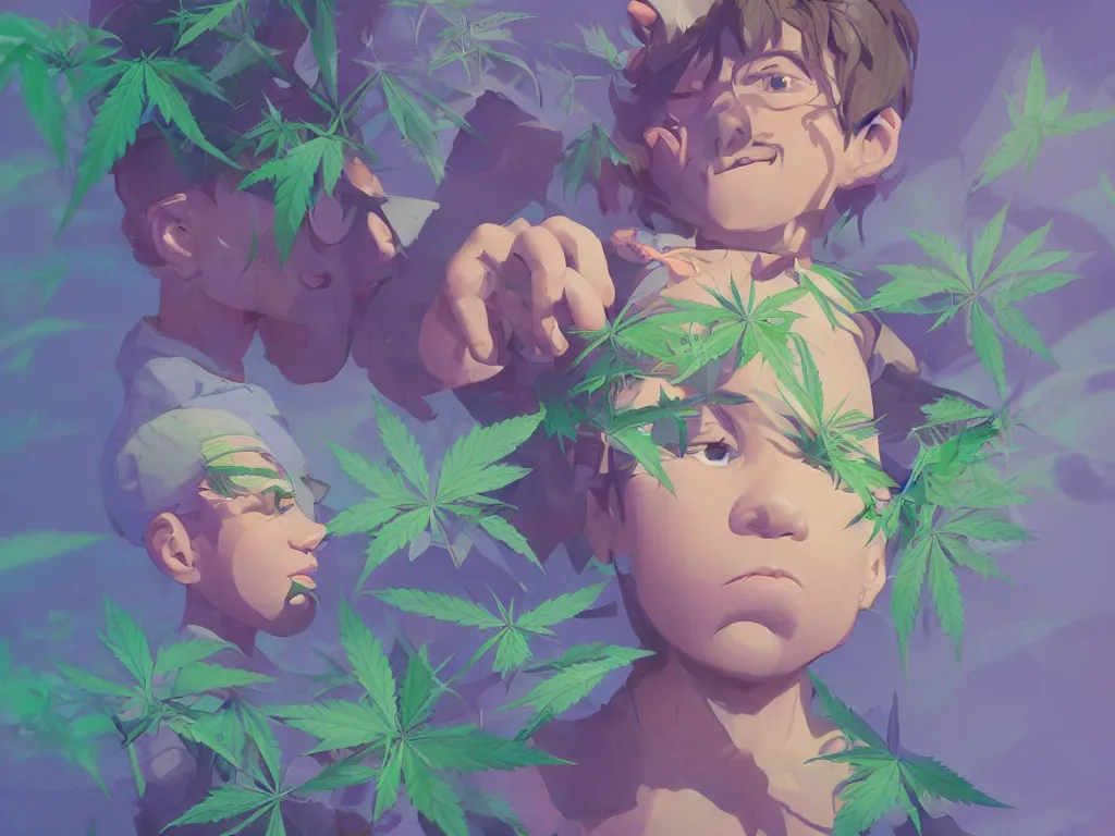 Prompt: kid with green purple flowers of marijuana hemp cannabis, behance hd by jesper ejsing, by rhads, makoto shinkai and lois van baarle, ilya kuvshinov, rossdraws global illumination, golden ratio, symmetrical beauty face