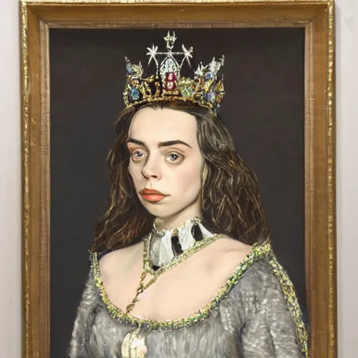 Image similar to painting of queen billie eilish, with crown, portrait, museum