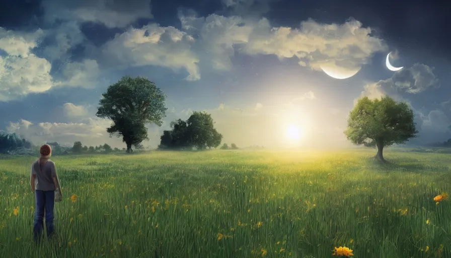 Prompt: solar eclipse in the sky, field with grass and flowers, clouds, big tree, spaceship, person, matte painting, art station, blue sky, simon stalenhag