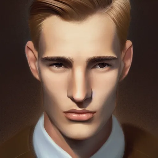 Image similar to tall man in his twenties with brown blond short quiff hair and thin slightly round facial structure with cleft chin, straight eyebrows and prominent nose, good definition of cheekbones, big hazel nut brown eyes, narrow face, slim body, atmospheric lighting, painted, intricate, 4 k, highly detailed by charlie bowater