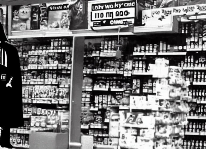 Image similar to film still of Darth Vader working as a clerk in a convenience store in Clerks movie 1994