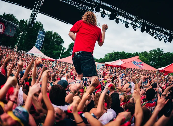 Image similar to photo still of gallagher at vans warped tour!!!!!!!! at age 4 5 years old 4 5 years of age!!!!!!! throwing watermelons at a crowd, 8 k, 8 5 mm f 1. 8, studio lighting, rim light, right side key light