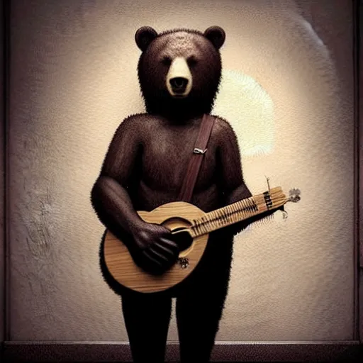 Image similar to realistic bear holding a (wooden triangle + guitar neck + sound hole ) and playing it like a guitar in an abandoned and desecrated hallway in a cyberpunk lab, ultra realistic, concept art, intricate details, eerie, highly detailed, photorealistic, octane render, 8k, unreal engine, art by Vita Wen