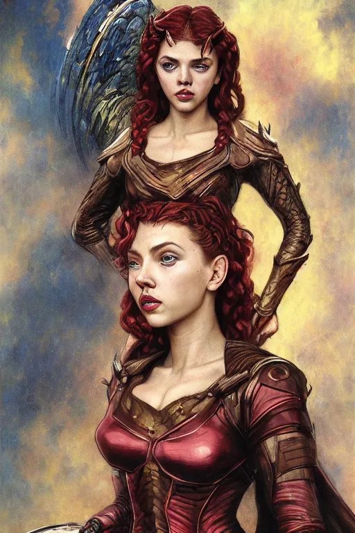 Image similar to A fantasy comic book style portrait painting of a hybrid Scarlett Johansson, Anya Taylor-Joy, as a Mystical Valkyrie, a beautiful female Reptilian Warrior, Regal, Realistic, Refined, Detailed Digital Art, Josephine wall, Oil Painting, William-Adolphe Bouguereau, Art Frahm, Esao Andrews, Steampunk, Walt Disney (1937), Highly Detailed, Cinematic Lighting, Unreal Engine, 8k, HD