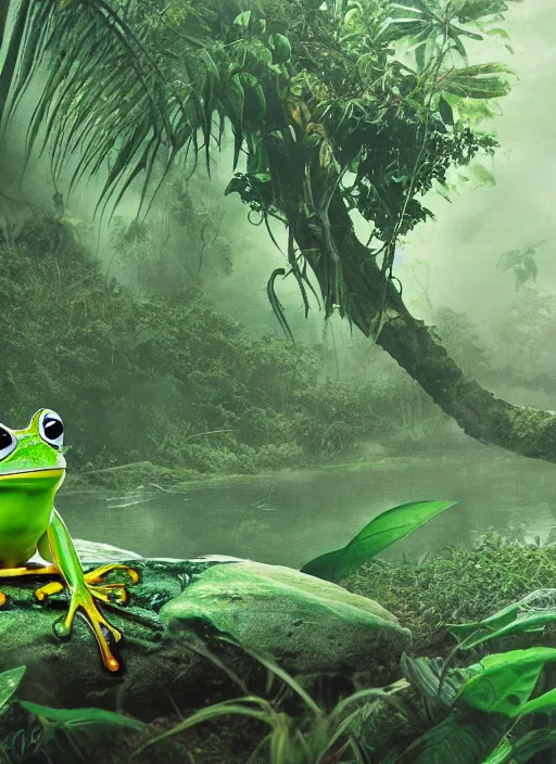 Prompt: a beautiful matte painting of a green frog in the jungle, kambo