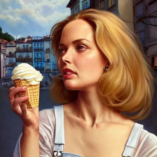 Prompt: portrait of a blonde fuller figured barbara bach from the bond film wearing dungarees and eating ice creams in porto, real life skin, intricate, elegant, highly detailed, artstation, concept art, smooth, sharp focus, art by artgerm and greg rutkowski and alphonse mucha