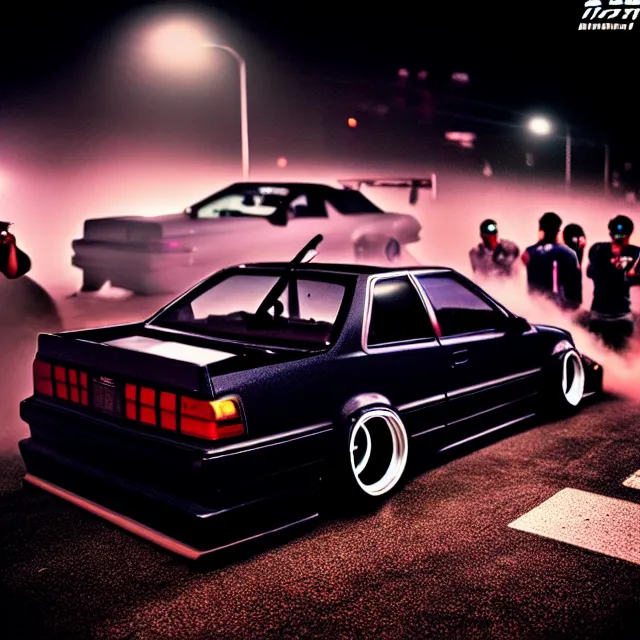 Prompt: a car R31X twin turbo drift at illegal car meet, Kanagawa prefecture, city midnight mist lights, cinematic lighting, photorealistic, highly detailed wheels, high detail