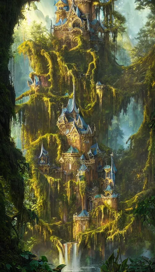 Image similar to fairy palace, castle towers, sunbeams, gothic towers, Japanese shrine waterfall, gold and gems, gnarly details, lush vegetation, forest landscape, painted by tom bagshaw, raphael lacoste, eddie mendoza, alex ross concept art matte painting