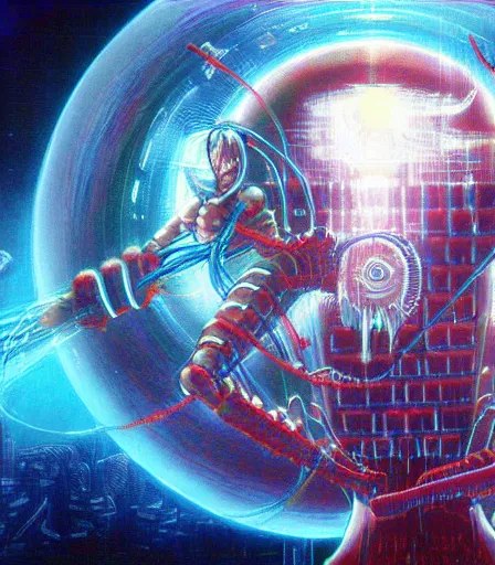 Prompt: female anime character Rei Ayanami cyborg in the center giygas epcotinside a space station eye of providence Beksinski Finnian vivid HR Giger to eye hellscape mind character