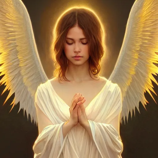 Image similar to wide angle full body portrait of an angel with a perfect face and perfect body crying, golden wings, intricate, highly detailed, digital painting, artstation, concept art, smooth, sharp focus, illustration, Unreal Engine 5, 8K, art by artgerm and greg rutkowski and alphonse mucha
