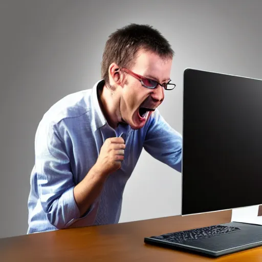 Prompt: photograph. crazed man desperately clinging to his computer's power supply unit.