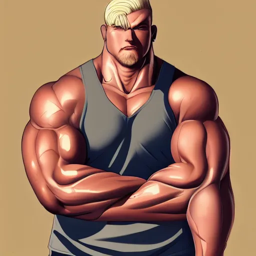 Prompt: portrait of the immensely towering bodybuilder Lucius Bjornsson with beautiful long pale blond hair, albino white pale skin, posing for a photoshoot in the golden hour, black tank top, broad shoulders and huge thick arms, ambient lighting, 4k, anime key visual, lois van baarle, ilya kuvshinov, rossdraws, artstation