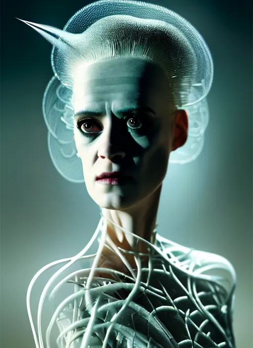 Image similar to portrait of kristen mcmenamy as a beautiful gentle futuristic bride of frankenstein from the movie bride of frankenstein, kintsugi, modern fine art, fractal, intricate, elegant, highly detailed, digital photography, subsurface scattering, by jheronimus bosch and greg rutkowski, still from the movie ex machina