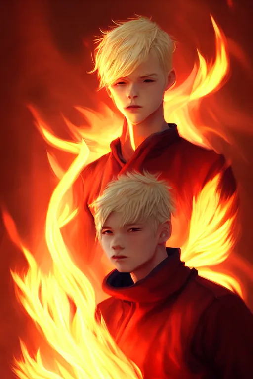 Image similar to character art by wlop, young man, blonde hair, on fire, fire powers