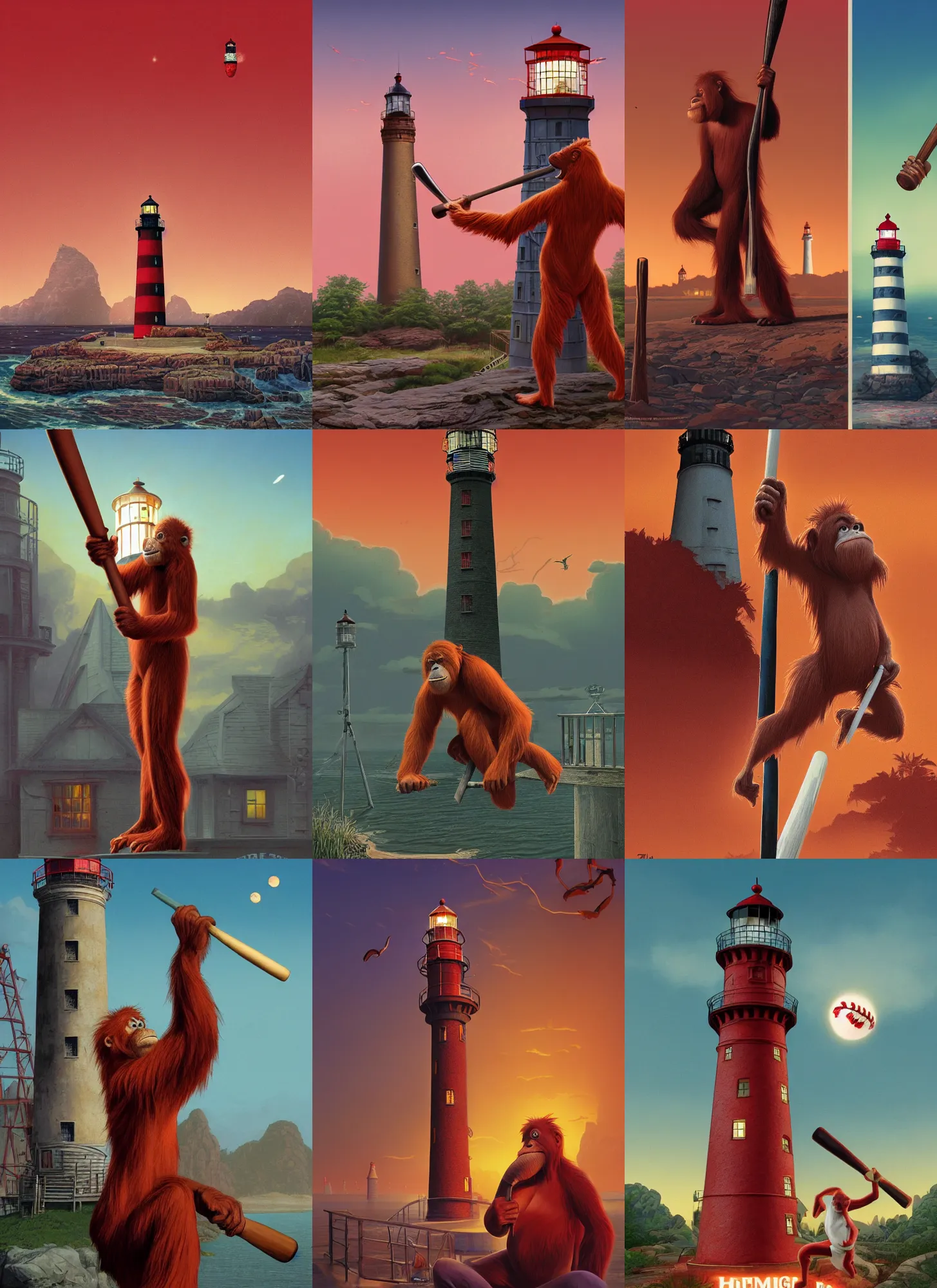 Prompt: rendering of red orangutan holding baseball bat, bat painted as lighthouse, bat form of lighthouse, library interior background, movie poster artwork by michael whelan and tomer hanuka, high contrast, full of details, by makoto shinkai and thomas kinkade, matte painting, trending on artstation and unreal engine