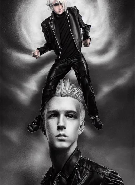 Image similar to beautiful teenage boy with platinum blonde hair and black wings walking on water, wearing leather jacket, beautiful, detailed portrait, cell shaded, 4 k, concept art, by wlop, ilya kuvshinov, artgerm, krenz cushart, greg rutkowski, pixiv. cinematic dramatic atmosphere, sharp focus, volumetric lighting, cinematic lighting, studio quality