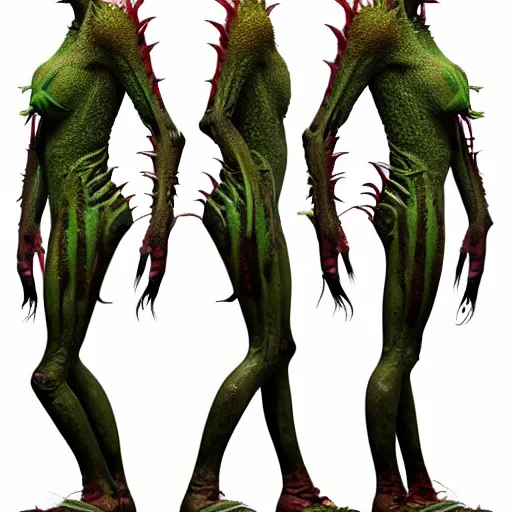 Image similar to skin concept venus flytrap, full length profile portrait, full - length photo with upper and lower body, t - pose, wide angle, alien, biopunk, plant predator, predator, teeth, many details, guyver style, 3 d, cinematic, hyper realism, high detail, octane render, art by hans giger