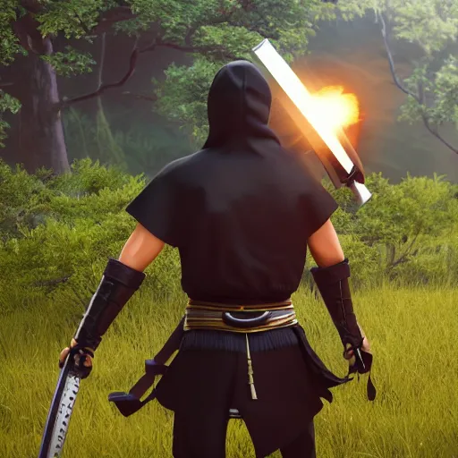Image similar to Ninja samurai android open world video game, unreal engine 5 cinema4D octane render Detailed, cinematographic