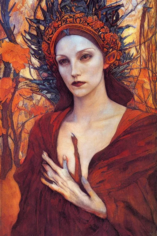 Prompt: queen of autumn by Annie Swynnerton and Nicholas Roerich, strong dramatic cinematic lighting , ornate headdress , flowing robes, lost civilizations, smooth, sharp focus, extremely detailed