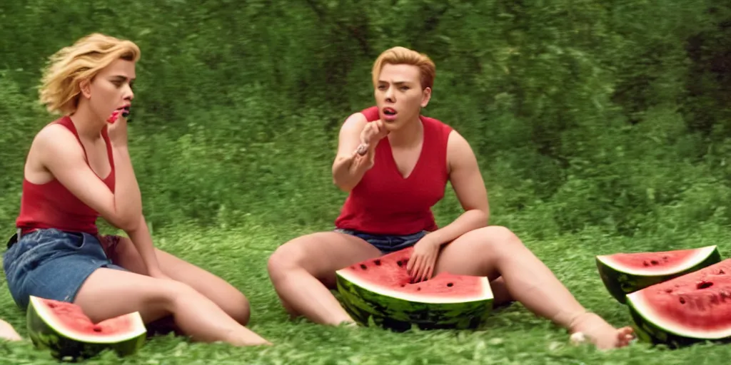 Prompt: scarlett johansson kicking and smashing a watermelon, film still, highly detailed, film grain, behind the scenes, photorealism