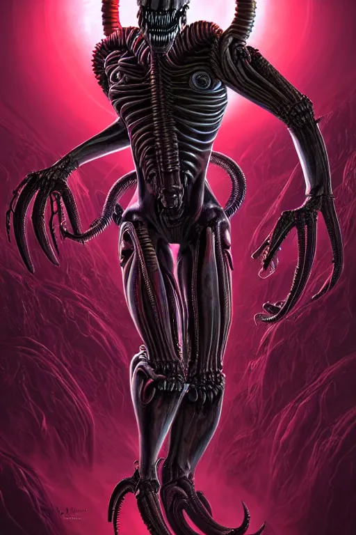 Image similar to horrifying cinematic neon acid biomechanical xenomorph poster, hybrid from doom and art direction by h r giger ; by artgerm ; wayne reynolds art station ; cinematic quality character render ; low angle ; ultra high quality model ; production quality cinema model ;